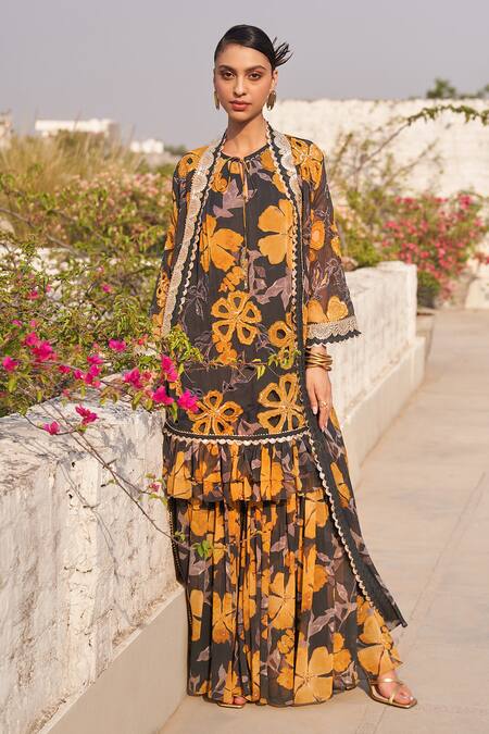 Buy_Varun Bahl_Yellow Georgette Sequins, Embroidery, Floral Print Sharara Set With Overlay _Online_at_Aza_Fashions