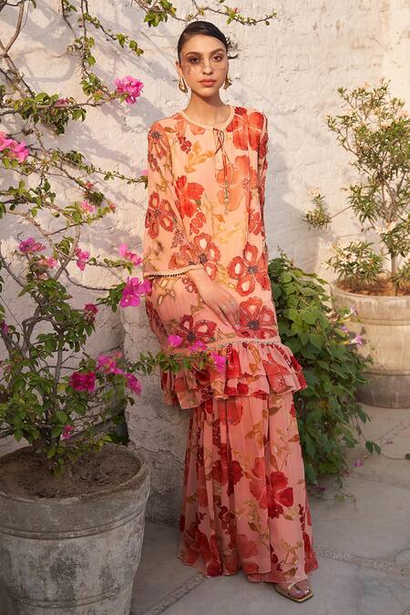 Varun Bahl_Peach Georgette Embroidery, Sequins, Beads Floral Bloom Print Tunic With Sharara _Online_at_Aza_Fashions