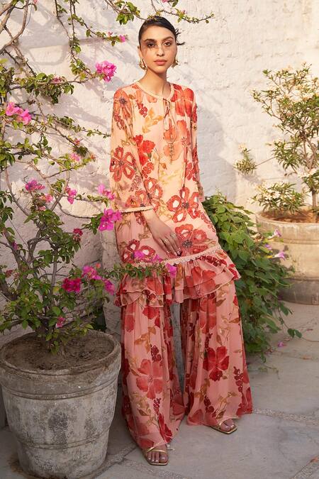 Buy_Varun Bahl_Peach Georgette Embroidery, Sequins, Beads Floral Bloom Print Tunic With Sharara _Online_at_Aza_Fashions