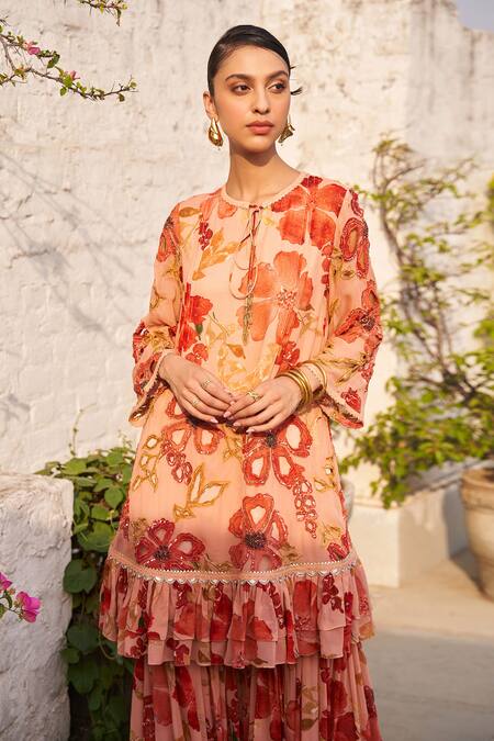 Shop_Varun Bahl_Peach Georgette Embroidery, Sequins, Beads Floral Bloom Print Tunic With Sharara _Online_at_Aza_Fashions