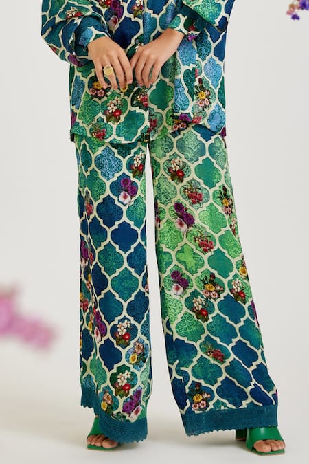 Varun Bahl_Blue Shirt And Trouser Kupro Satin Print Floral Collared Neck Moroccan With_Online_at_Aza_Fashions
