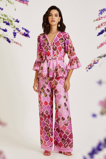 Buy Pink Top And Trouser Linen Print Floral V Neck Moroccan Peplum With ...