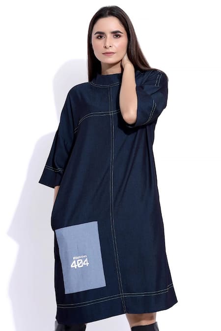 Scribbology_Blue Tencel Patchwork Round Neck 404 Work Dress _Online_at_Aza_Fashions