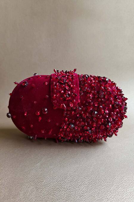 Shop Plode Red Hand Embellished Capsule Bag at Aza Fashions Shop_Plode_Red Hand Embellished Capsule Bag_at_Aza_Fashions