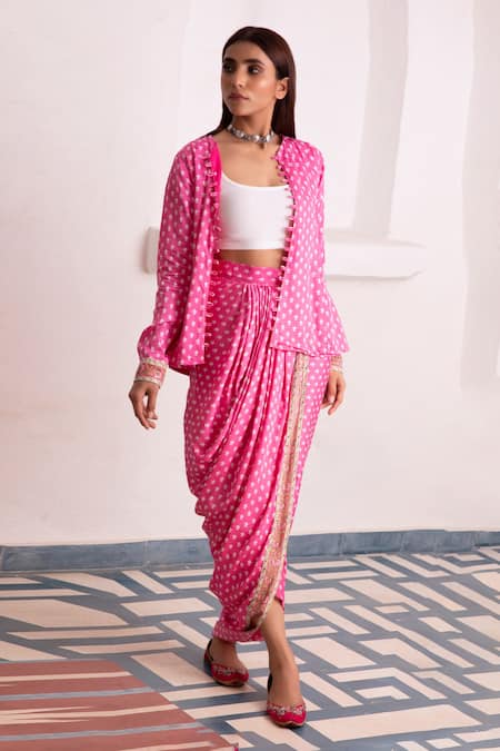 Monk & Mei By Sonia Anand Aaliyah Floral Block Print Jacket & Dhoti Skirt Set 