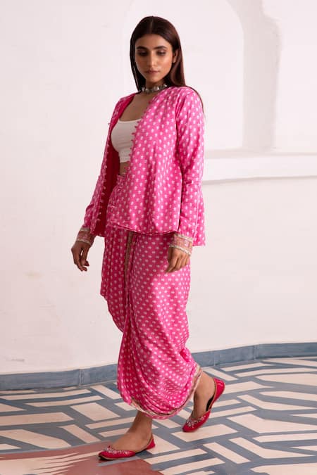 Monk & Mei By Sonia Anand_Pink Modal, Satin Embroidery Aaliyah Floral Block Print Jacket And Dhoti Skirt Set _Online_at_Aza_Fashions