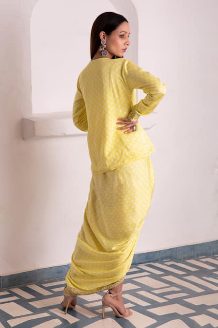 Monk & Mei By Sonia Anand Aaliyah Hand Block Print Jacket & Dhoti Skirt Set 