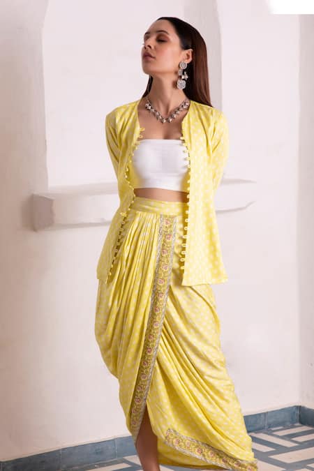 Buy_Monk & Mei By Sonia Anand_Yellow Modal, Satin Embroidery Aaliyah Hand Block Print Jacket And Dhoti Skirt Set _Online_at_Aza_Fashions