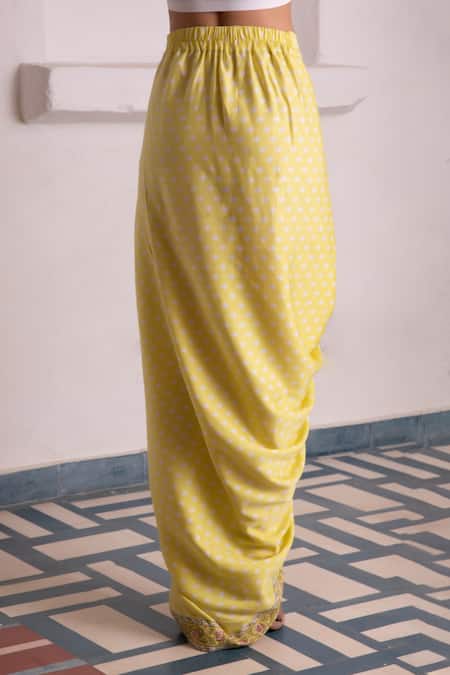 Monk & Mei By Sonia Anand_Yellow Modal, Satin Embroidery Aaliyah Hand Block Print Jacket And Dhoti Skirt Set _at_Aza_Fashions