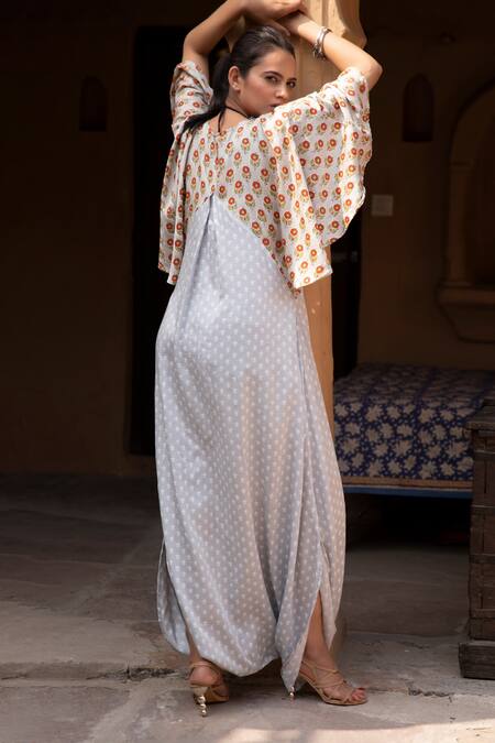 Shop_Monk & Mei By Sonia Anand_Grey Modal, Satin Embroidery V-neck Floral Hand Block Print Dhoti Kaftan _at_Aza_Fashions