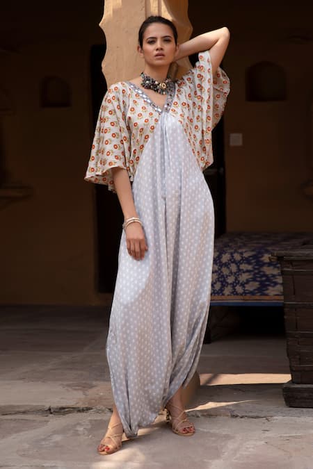 Monk & Mei By Sonia Anand_Grey Modal, Satin Embroidery V-neck Floral Hand Block Print Dhoti Kaftan _Online_at_Aza_Fashions