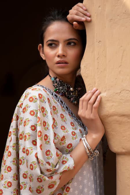 Buy_Monk & Mei By Sonia Anand_Grey Modal, Satin Embroidery V-neck Floral Hand Block Print Dhoti Kaftan _Online_at_Aza_Fashions
