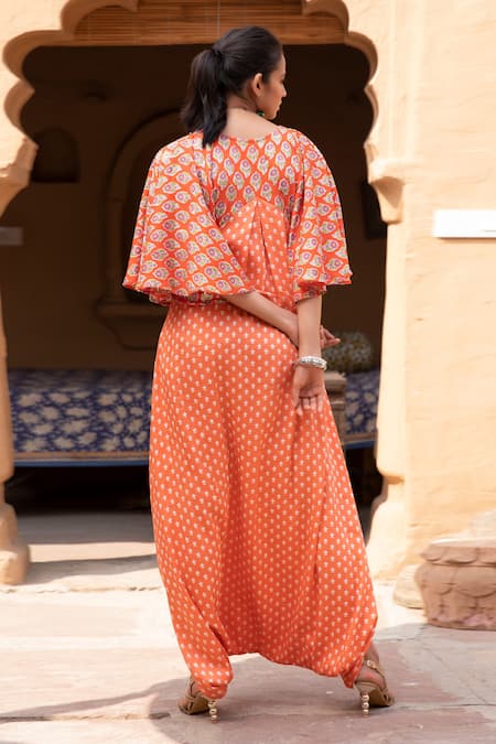 Monk & Mei By Sonia Anand Floral Hand Block Print Draped Dhoti Kaftan 