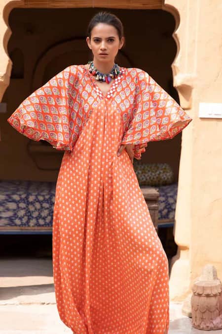 Monk & Mei By Sonia Anand_Orange Modal, Satin Embroidery Floral Hand Block Print Draped Dhoti Kaftan _Online_at_Aza_Fashions