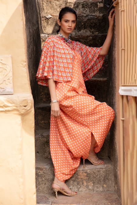 Shop_Monk & Mei By Sonia Anand_Orange Modal, Satin Embroidery Floral Hand Block Print Draped Dhoti Kaftan _Online_at_Aza_Fashions