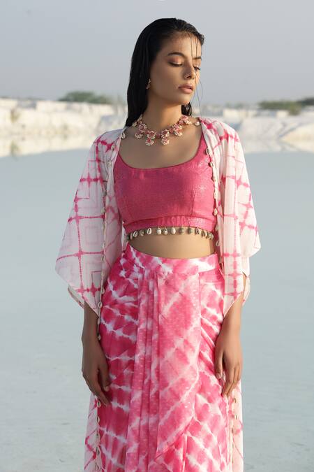 Monk & Mei By Sonia Anand_Pink Georgette Lace Open Neck Tie Dye Print Long Shrug_Online_at_Aza_Fashions