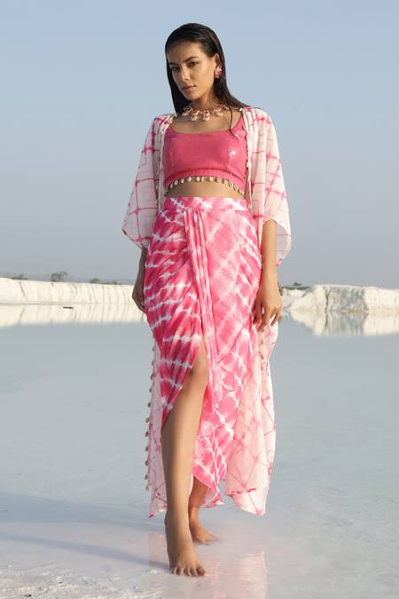 Buy_Monk & Mei By Sonia Anand_Pink Georgette Lace Open Neck Tie Dye Print Long Shrug_Online_at_Aza_Fashions