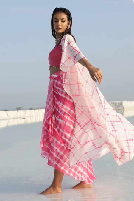 Shop_Monk & Mei By Sonia Anand_Pink Georgette Lace Open Neck Tie Dye Print Long Shrug_Online_at_Aza_Fashions
