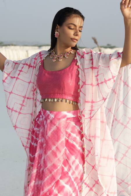 Monk & Mei By Sonia Anand_Pink Georgette Lace Open Neck Tie Dye Print Long Shrug_at_Aza_Fashions