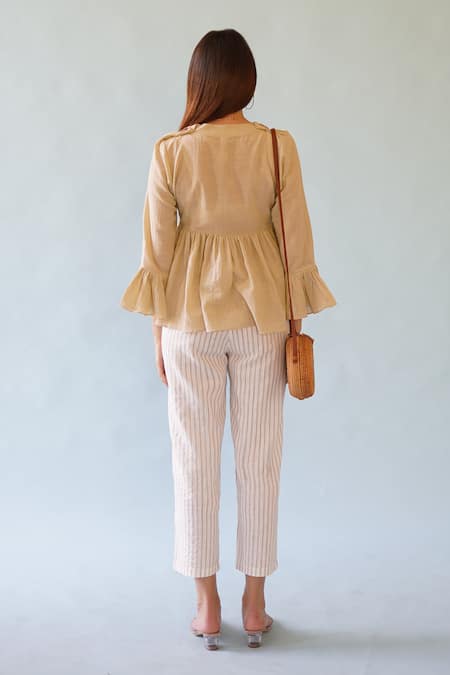 Shop Monk & Mei By Sonia Anand Beige Cotton, Crepe Embroidery V-neck Haze Fit And Flared Top at Aza Fashions Shop_Monk & Mei By Sonia Anand_Beige Cotton, Crepe Embroidery V-neck Haze Fit And Flared Top _at_Aza_Fashions