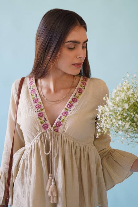 Monk & Mei By Sonia Anand Beige Cotton, Crepe Embroidery V-neck Haze Fit And Flared Top Online at Aza Fashions Monk & Mei By Sonia Anand_Beige Cotton, Crepe Embroidery V-neck Haze Fit And Flared Top _Online_at_Aza_Fashions