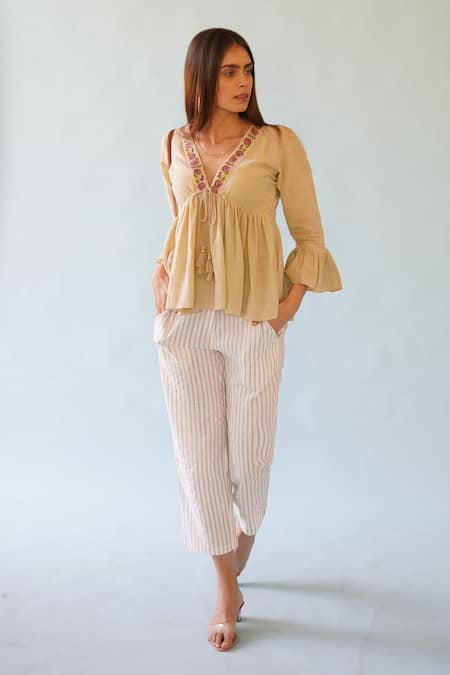 Buy Monk & Mei By Sonia Anand Beige Cotton, Crepe Embroidery V-neck Haze Fit And Flared Top Online at Aza Fashions Buy_Monk & Mei By Sonia Anand_Beige Cotton, Crepe Embroidery V-neck Haze Fit And Flared Top _Online_at_Aza_Fashions