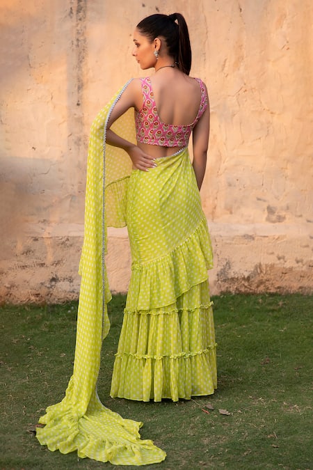 Monk & Mei By Sonia Anand Issh Polka Dot Pattern Sharara Saree & Blouse Set 