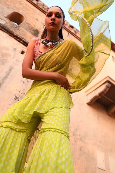 Buy_Monk & Mei By Sonia Anand_Green Georgette, Modal, Satin Issh Polka Dot Pattern Sharara Saree And Blouse Set _Online_at_Aza_Fashions