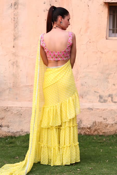 Monk & Mei By Sonia Anand Issh Polka Dot Sharara Saree & Blouse Set 