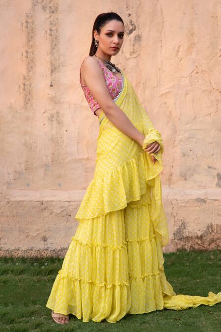 Buy_Monk & Mei By Sonia Anand_Yellow Georgette, Modal Ruffles Round Issh Polka Dot Sharara Saree And Blouse Set _Online_at_Aza_Fashions