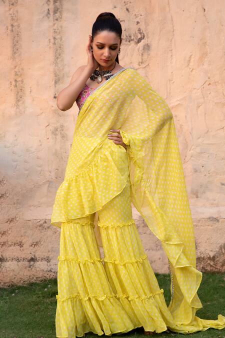 Shop_Monk & Mei By Sonia Anand_Yellow Georgette, Modal Ruffles Round Issh Polka Dot Sharara Saree And Blouse Set _Online_at_Aza_Fashions