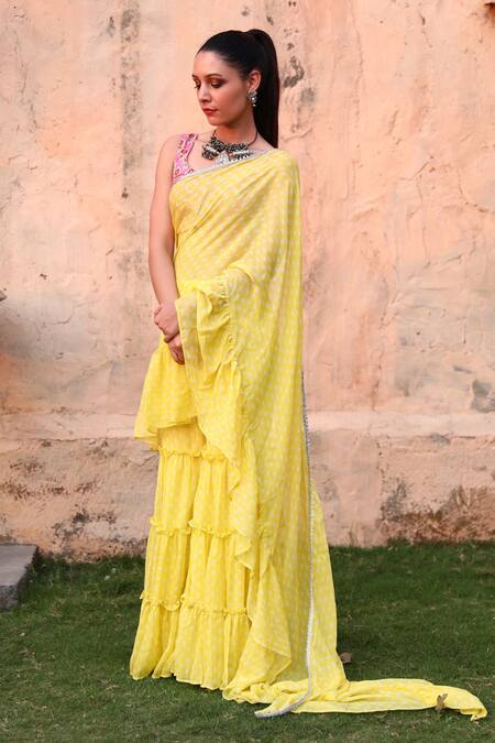 Monk & Mei By Sonia Anand_Yellow Georgette, Modal Ruffles Round Issh Polka Dot Sharara Saree And Blouse Set _at_Aza_Fashions