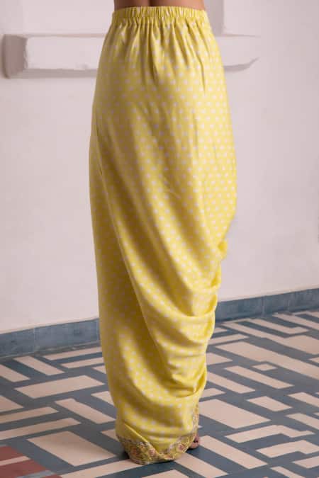Buy_Monk & Mei By Sonia Anand_Yellow Modal, Satin Embroidery Mastani Floral Print Dhoti Skirt _Online_at_Aza_Fashions