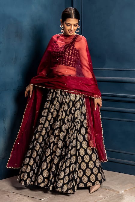 Shop_Monk & Mei By Sonia Anand_Black Cotton Embroidery Sweetheart Neck Padmini Floral Pattern Lehenga Choli Set _Online_at_Aza_Fashions