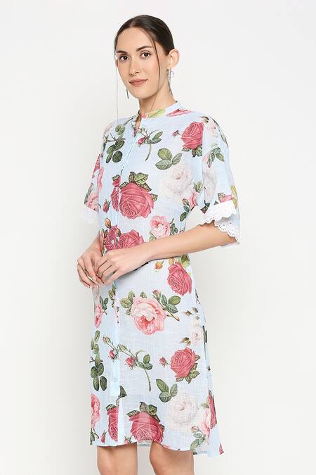 Monk & Mei By Sonia Anand_Blue Linen Bandeau Neck Sonnet Floral Print Dress _Online_at_Aza_Fashions