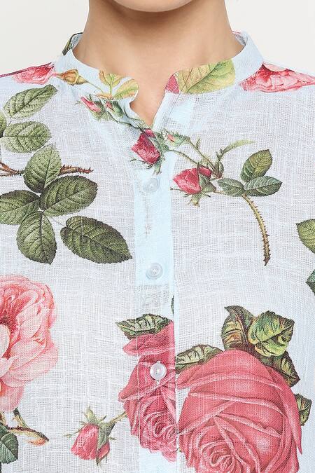 Buy_Monk & Mei By Sonia Anand_Blue Linen Bandeau Neck Sonnet Floral Print Dress _Online_at_Aza_Fashions