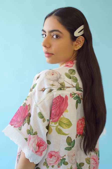 Buy_Monk & Mei By Sonia Anand_White Linen Lace Bandeau Neck Sonnet Floral Print Dress _Online_at_Aza_Fashions