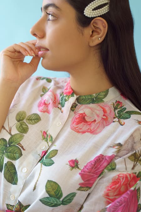 Shop_Monk & Mei By Sonia Anand_White Linen Lace Bandeau Neck Sonnet Floral Print Dress _Online_at_Aza_Fashions