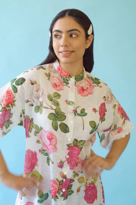 Monk & Mei By Sonia Anand_White Linen Lace Bandeau Neck Sonnet Floral Print Dress _at_Aza_Fashions