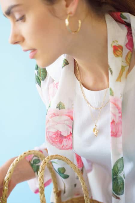 Monk & Mei By Sonia Anand_White Linen Collared Spring Floral Jacket And Dress Set _Online_at_Aza_Fashions