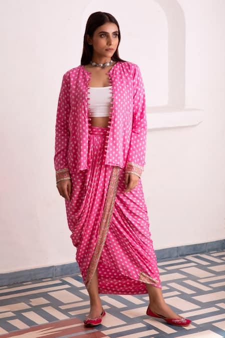 Monk & Mei By Sonia Anand_Pink Modal, Satin Open Neck Uff Floral Print Jacket _Online_at_Aza_Fashions