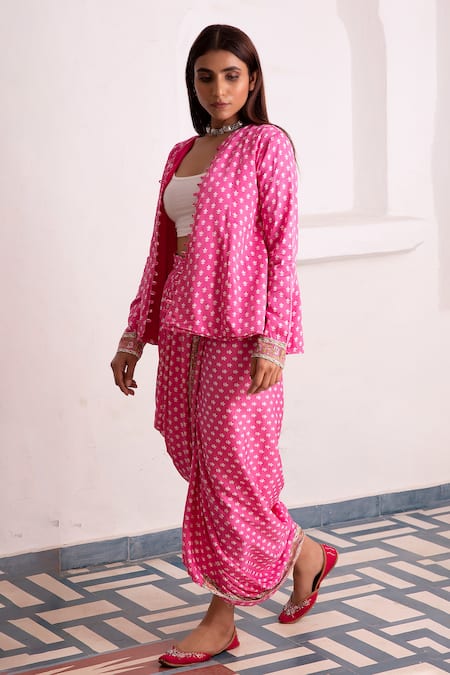 Buy_Monk & Mei By Sonia Anand_Pink Modal, Satin Open Neck Uff Floral Print Jacket _Online_at_Aza_Fashions