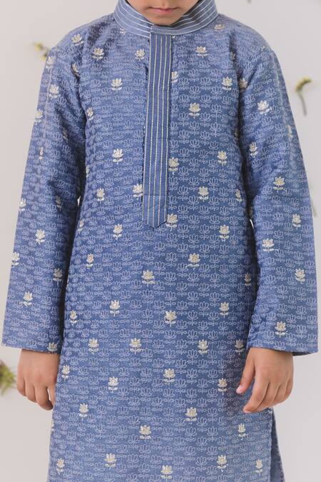 Chotibuti_Grey Silk, Cotton Embroidery Lotus Kurta With Pant _Online_at_Aza_Fashions