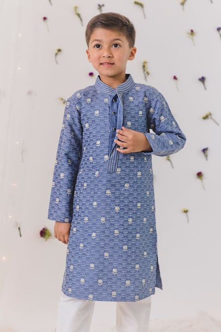 Buy_Chotibuti_Grey Silk, Cotton Embroidery Lotus Kurta With Pant _Online_at_Aza_Fashions