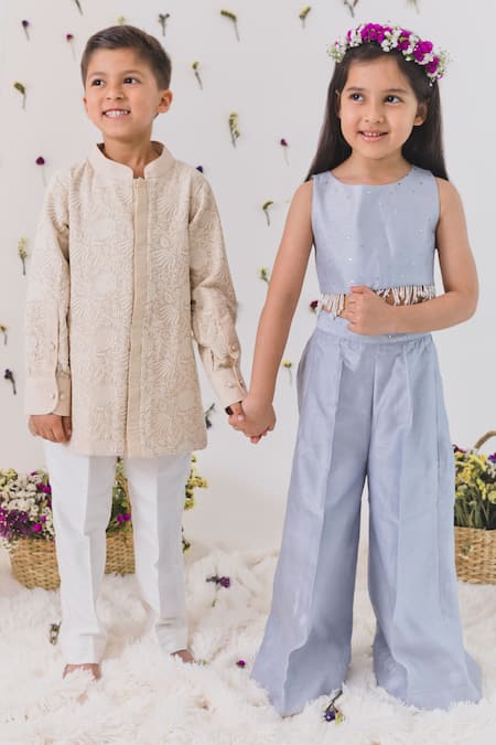 Chotibuti Beige Mohair, Organza Embroidery Lotus Shirt With Pant Online at Aza Fashions Chotibuti_Beige Mohair, Organza Embroidery Lotus Shirt With Pant _Online_at_Aza_Fashions