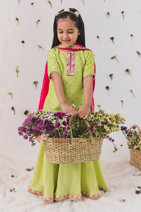 Chotibuti_Green Silk, Cotton, Chiffon Sequins Embellished Kurta Sharara Set _Online_at_Aza_Fashions