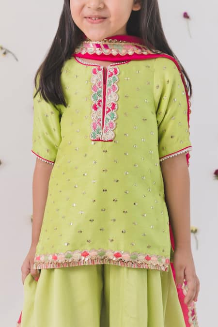 Buy_Chotibuti_Green Silk, Cotton, Chiffon Sequins Embellished Kurta Sharara Set _Online_at_Aza_Fashions