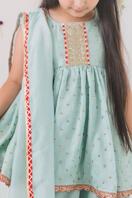Chotibuti_Green Silk, Cotton Sequins, Lace Work Peplum Kurta Sharara Set _Online_at_Aza_Fashions