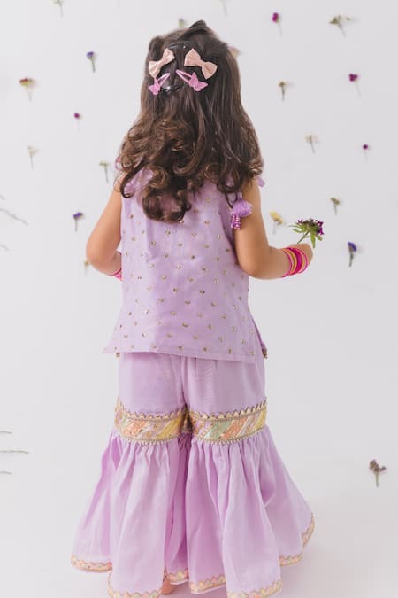 Shop Chotibuti Purple Silk, Cotton Lace, Sequins Butti Embellished Kurta Gharara Set at Aza Fashions Shop_Chotibuti_Purple Silk, Cotton Lace, Sequins Butti Embellished Kurta Gharara Set _at_Aza_Fashions