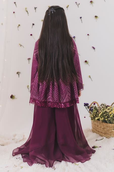 Shop Chotibuti Wine Organza, Cotton Sequins Gota Lace Embellished Peplum Top With Palazzo at Aza Fashions Shop_Chotibuti_Wine Organza, Cotton Sequins Gota Lace Embellished Peplum Top With Palazzo _at_Aza_Fashions